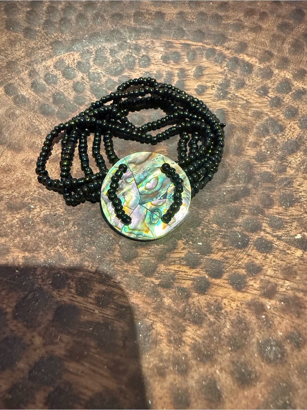 Black Beaded Multi-Strand Bracelet with Abalone Shell Accent